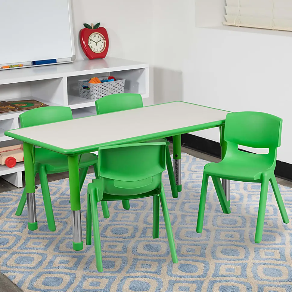 Flash Furniture Rectangular Plastic Height-Adjustable Activity Table Set With 4 Chairs, 23-1/2"H x 23-5/8"W x 47-1/4"D, Green