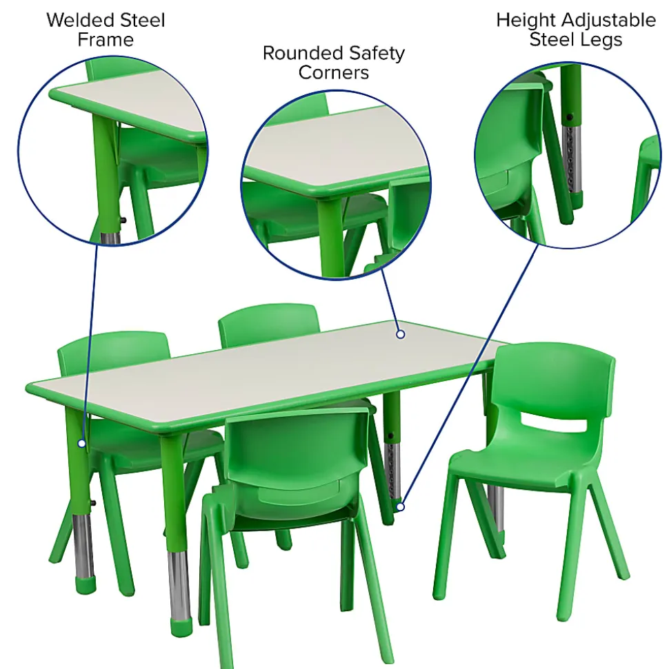 Flash Furniture Rectangular Plastic Height-Adjustable Activity Table Set With 4 Chairs, 23-1/2"H x 23-5/8"W x 47-1/4"D, Green