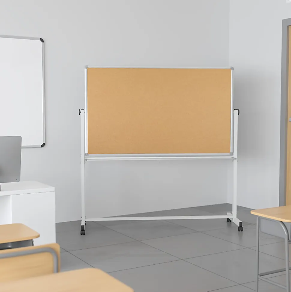 Flash Furniture Reversible Cork Bulletin/Non-Magnetic Dry-Erase Whiteboard, 54 3/4" x 45 1/4", Silver Aluminum Frame