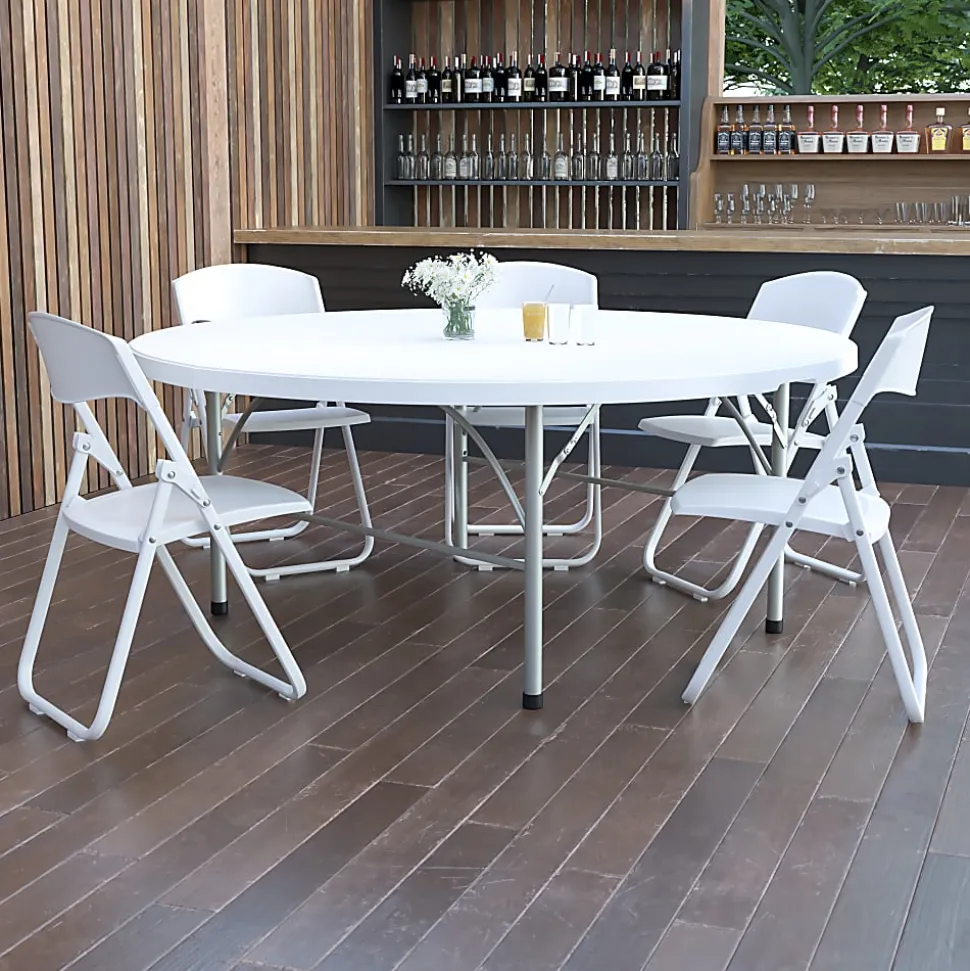 Flash Furniture Round Bi-Fold Plastic Banquet And Event Folding Table, 29"H x 71"W x 71"D, Granite White