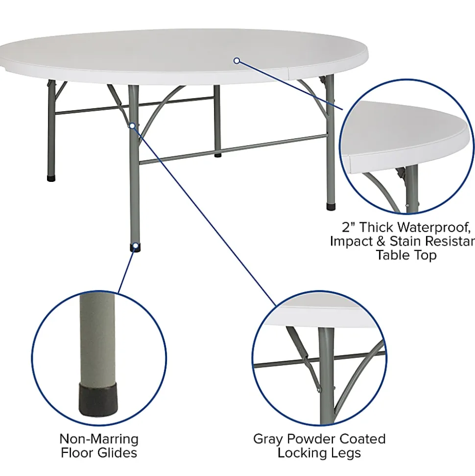 Flash Furniture Round Bi-Fold Plastic Banquet And Event Folding Table, 29"H x 71"W x 71"D, Granite White
