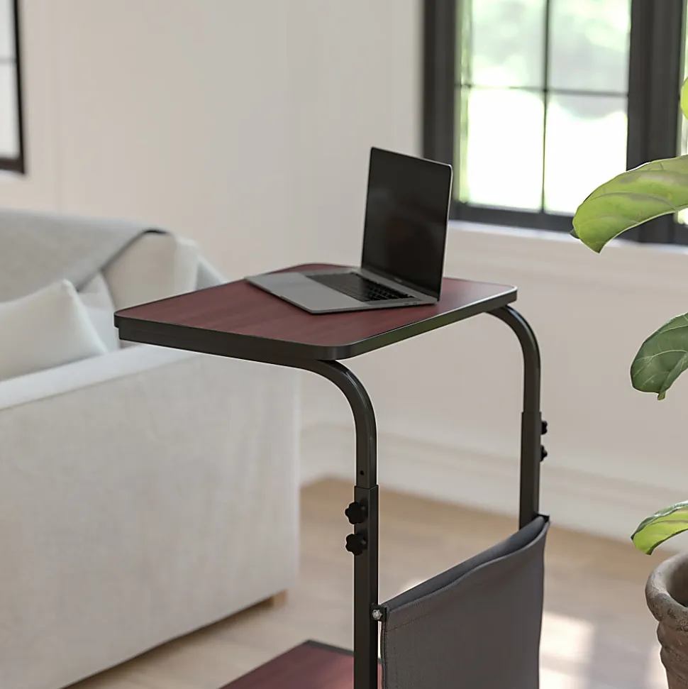 Flash Furniture Sit/Stand Ergonomic Computer Desk Mobile Workstation With Removable Pouch, 46-3/4"H x 24"W x 20"D, Mahogany