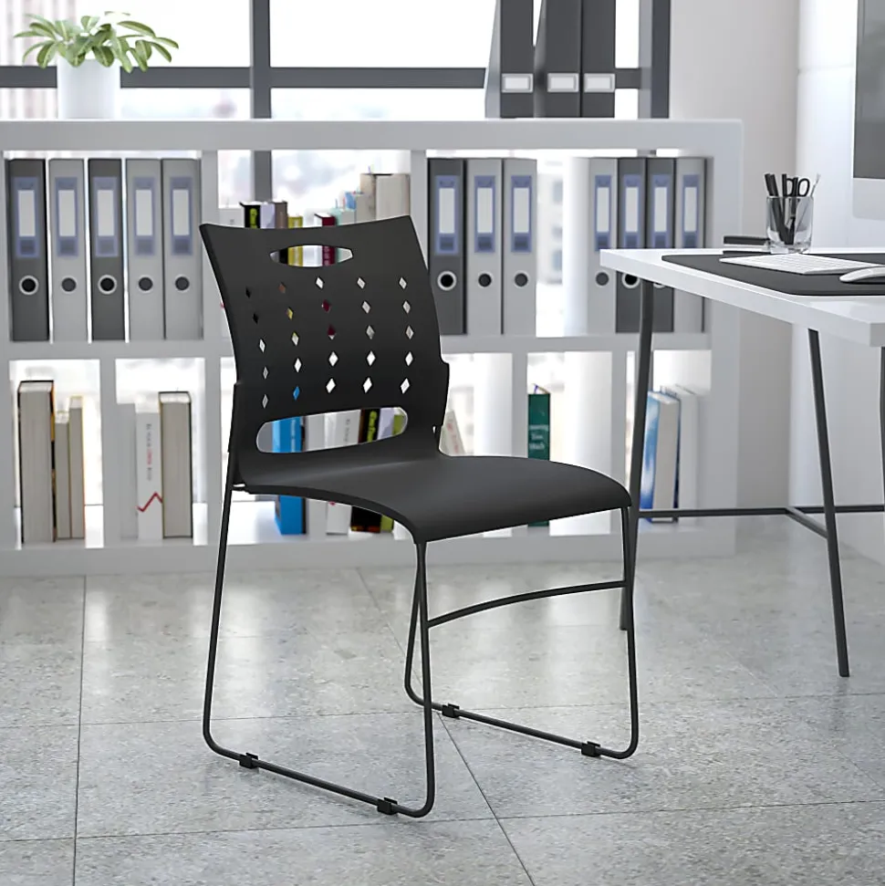 Flash Furniture Sled-Base Stacking Chair With Handle And Air-Vent Back, Black
