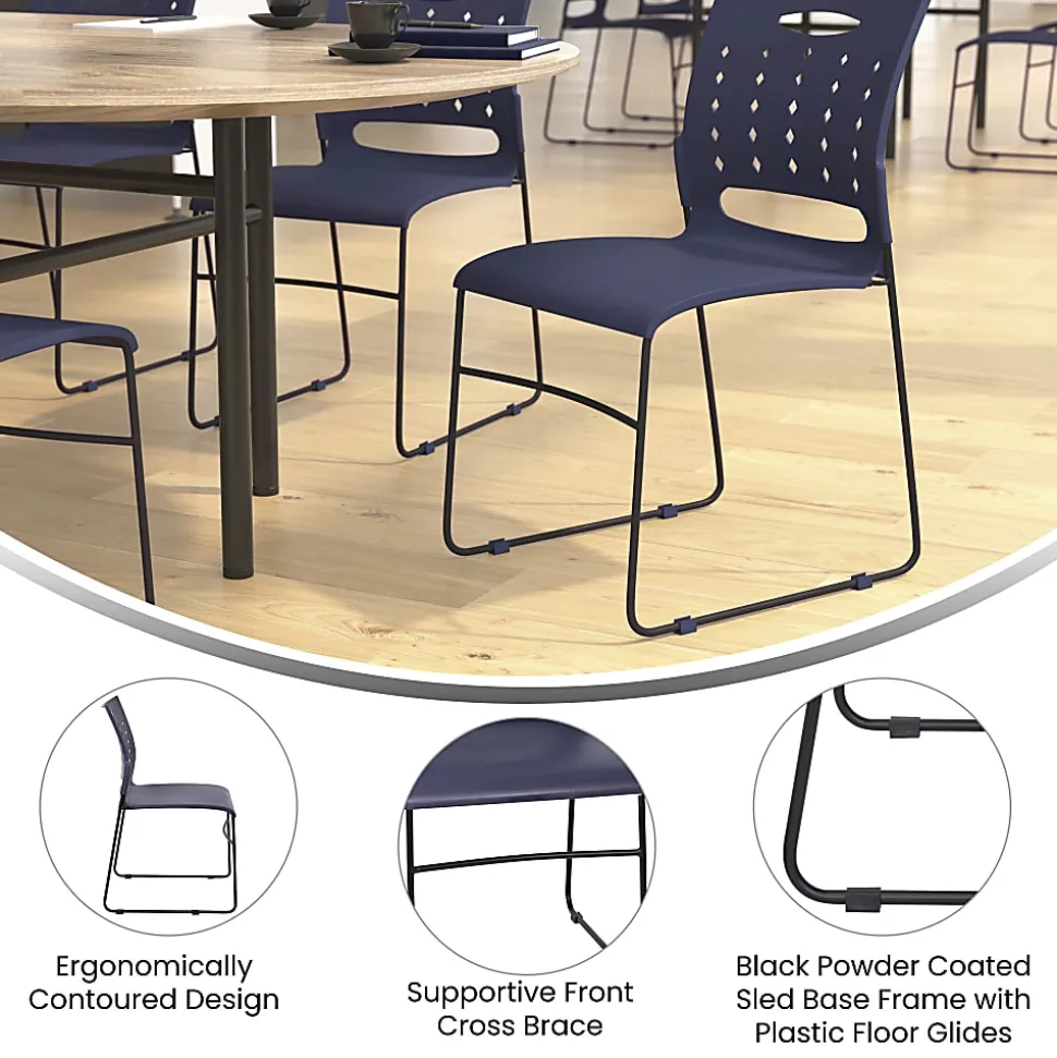 Flash Furniture Sled-Base Stacking Chairs With Handles And Air-Vent Backs, Navy