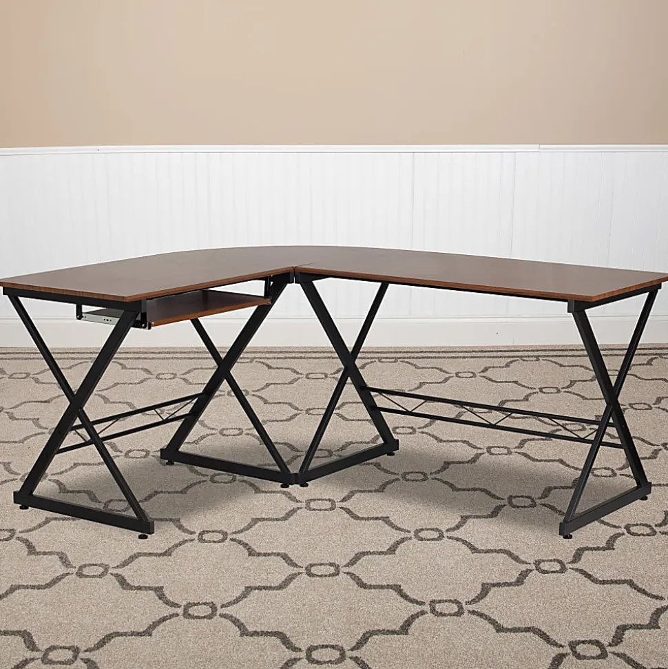 Flash Furniture Teakwood 88"W Contemporary L-Shaped Computer Desk With Pull-Out Keyboard Tray, Walnut