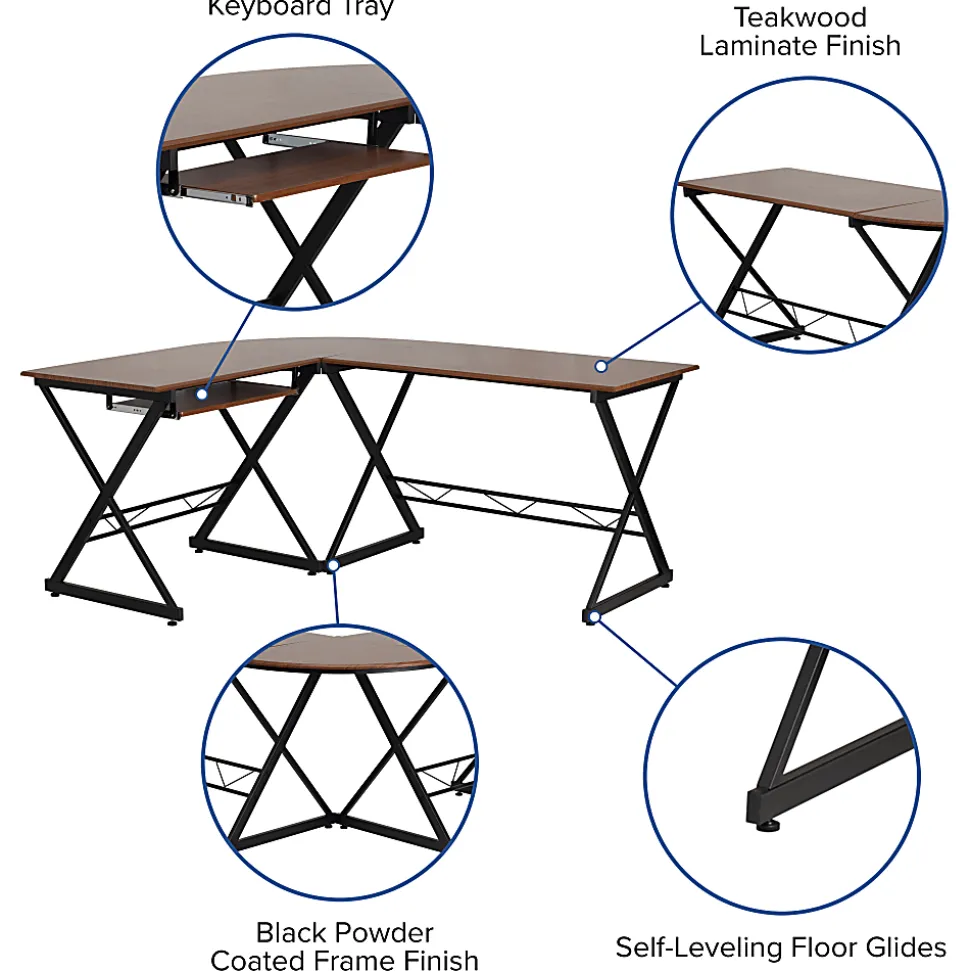 Flash Furniture Teakwood 88"W Contemporary L-Shaped Computer Desk With Pull-Out Keyboard Tray, Walnut