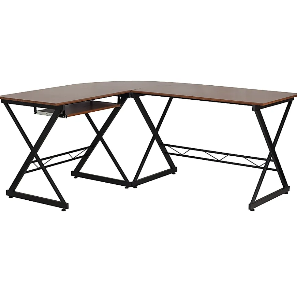 Flash Furniture Teakwood 88"W Contemporary L-Shaped Computer Desk With Pull-Out Keyboard Tray, Walnut