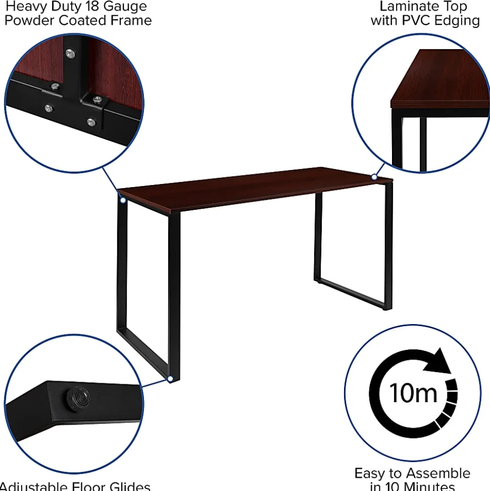 Flash Furniture 55"W Commercial-Grade Industrial Office Computer Desk, Mahogany