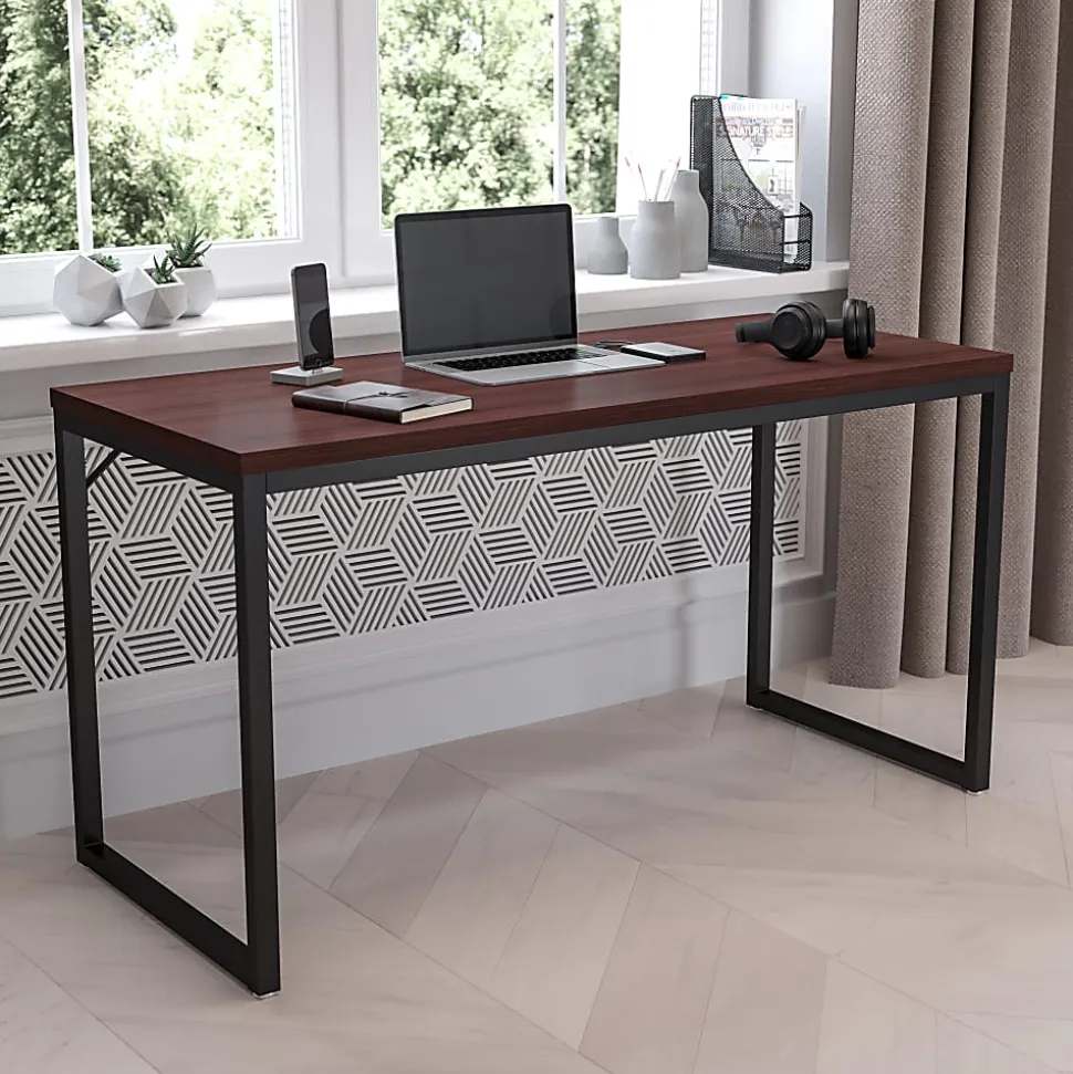 Flash Furniture 55"W Commercial-Grade Industrial Office Computer Desk, Mahogany