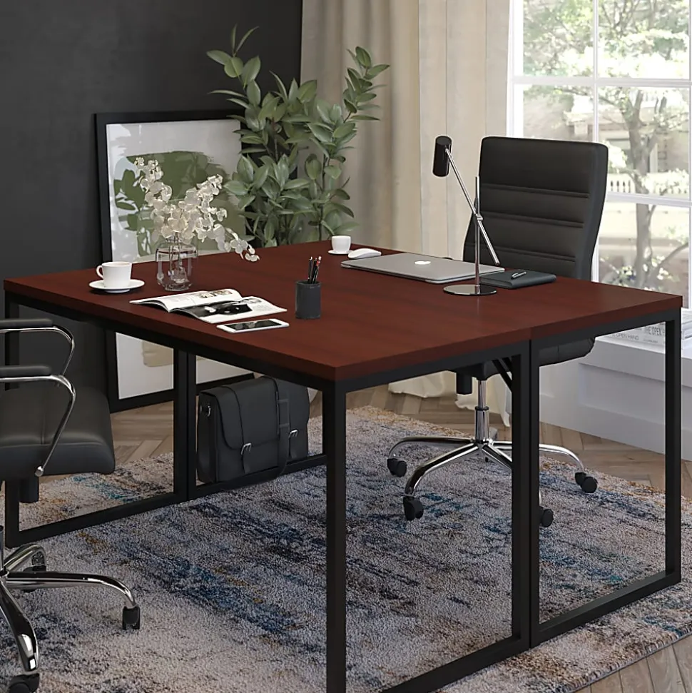 Flash Furniture 55"W Commercial-Grade Industrial Office Computer Desk, Mahogany
