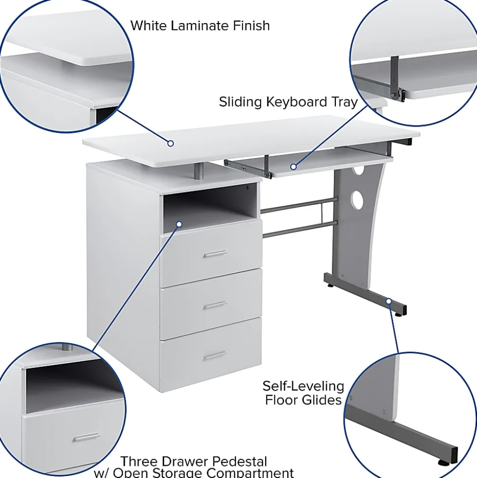 Flash Furniture 48"W Computer Desk With 3-Drawer Single Pedestal, White