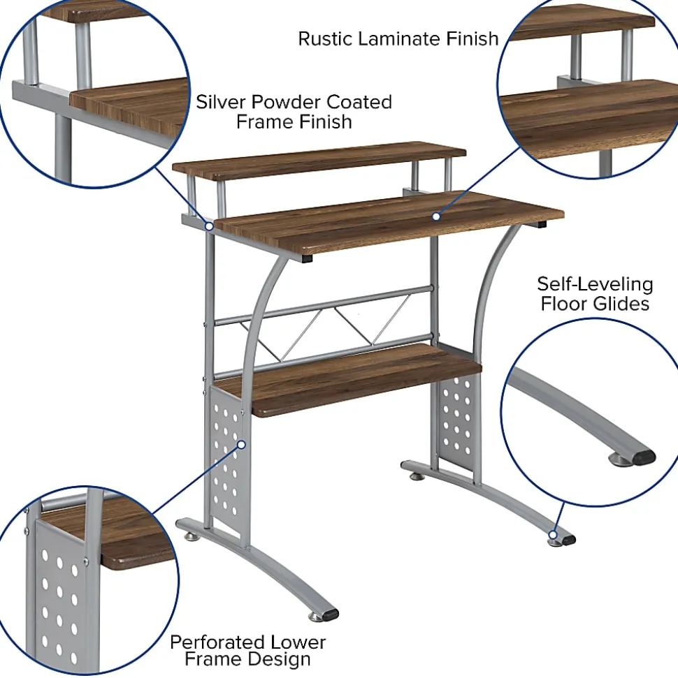 Flash Furniture 28"W Computer Desk With Storage Shelves, Rustic Walnut