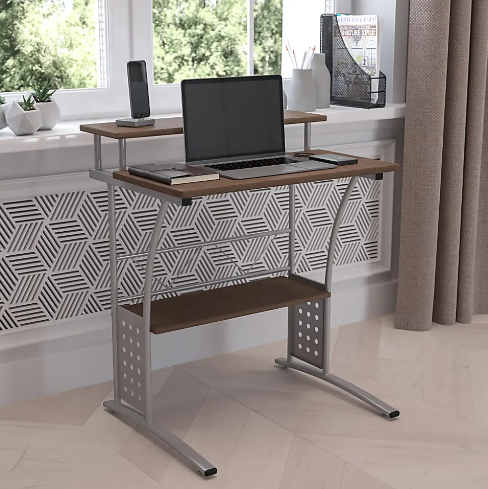 Flash Furniture 28"W Computer Desk With Storage Shelves, Rustic Walnut