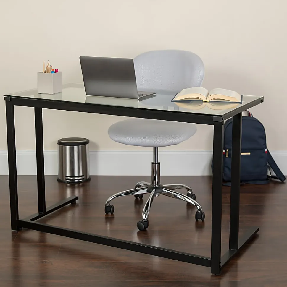 Flash Furniture 48"W Contemporary Glass Pedestal Frame Computer Desk, Black/Clear