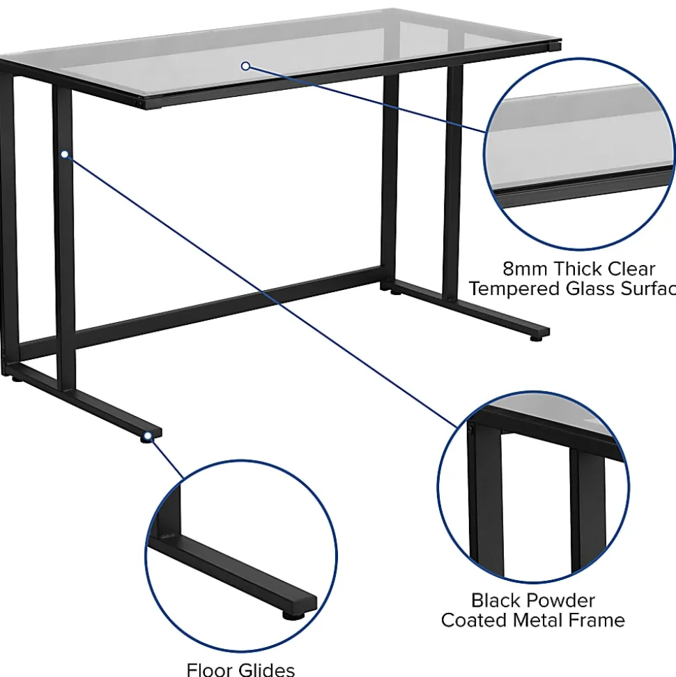 Flash Furniture 48"W Contemporary Glass Pedestal Frame Computer Desk, Black/Clear