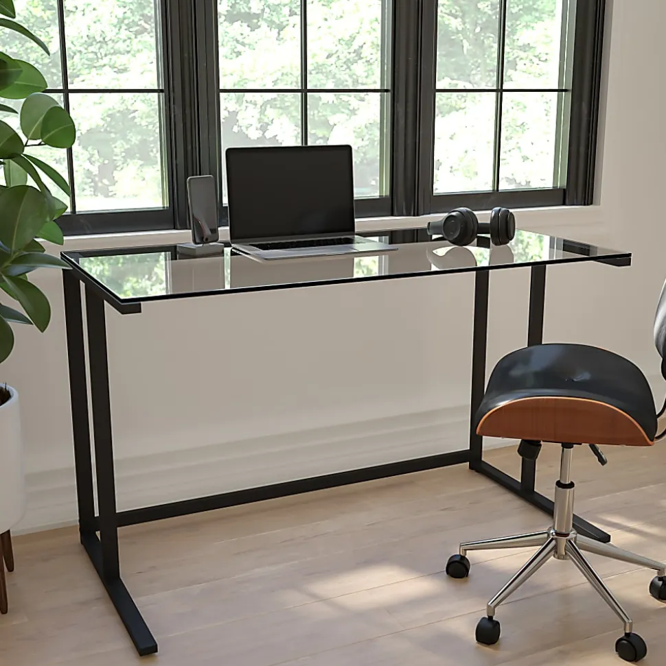 Flash Furniture 48"W Contemporary Glass Pedestal Frame Computer Desk, Black/Clear