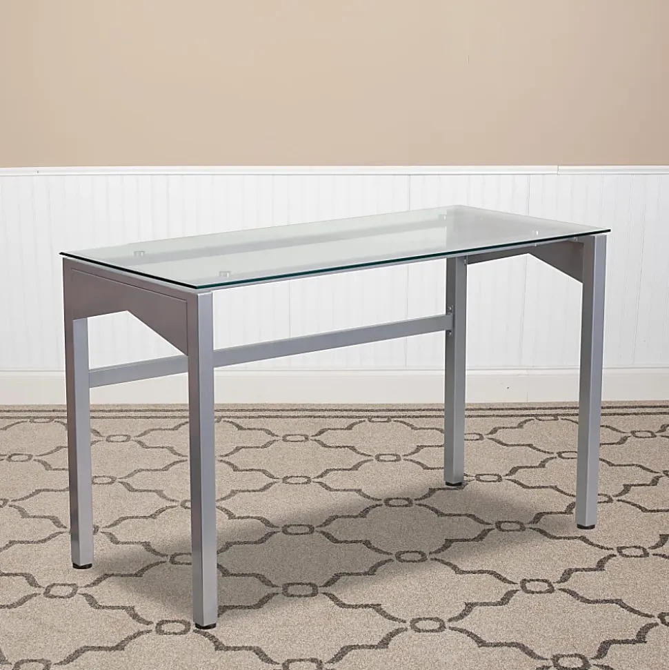 Flash Furniture 48"W Contemporary Glass Computer Desk, Clear/Silver