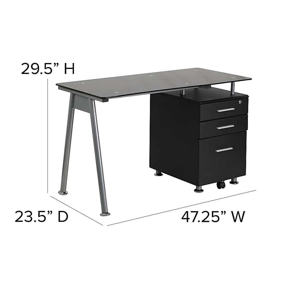 Flash Furniture 48"W Glass Computer Desk With 3- Drawer Pedestal, Black/Clear