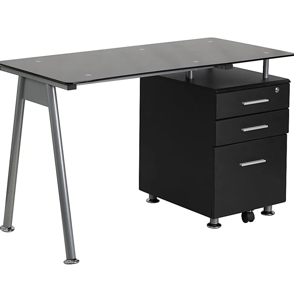 Flash Furniture 48"W Glass Computer Desk With 3- Drawer Pedestal, Black/Clear