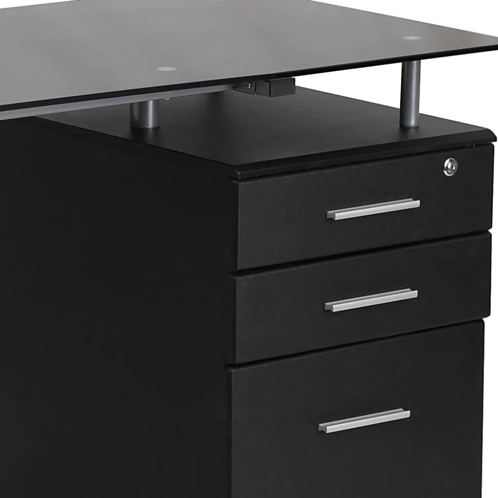 Flash Furniture 48"W Glass Computer Desk With 3- Drawer Pedestal, Black/Clear