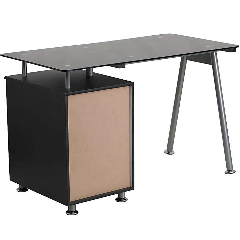Flash Furniture 48"W Glass Computer Desk With 3- Drawer Pedestal, Black/Clear