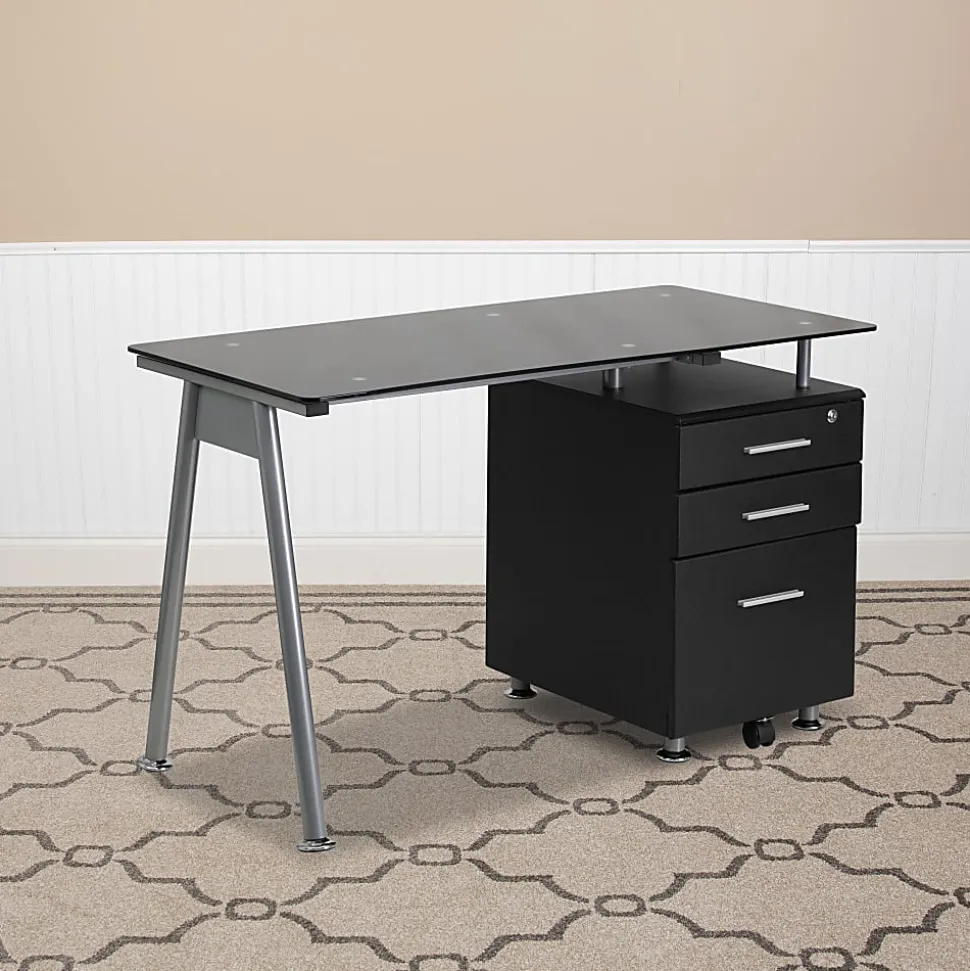 Flash Furniture 48"W Glass Computer Desk With 3- Drawer Pedestal, Black/Clear