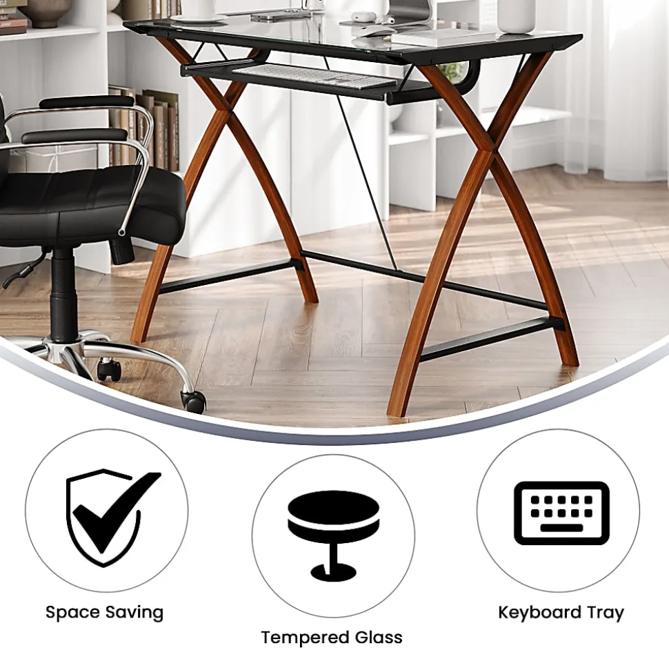 Flash Furniture 36"W Glass Computer Desk With Crisscross Frame, Black, Cherry/Clear