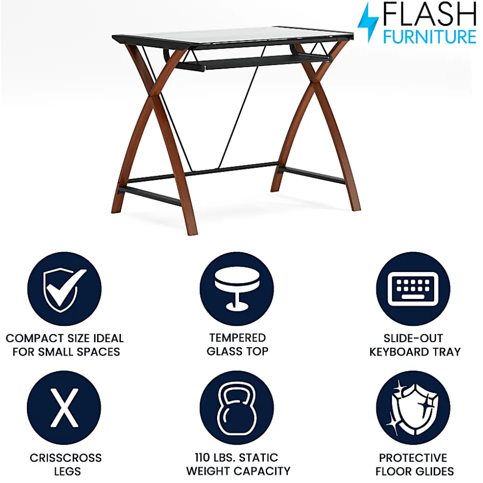 Flash Furniture 36"W Glass Computer Desk With Crisscross Frame, Black, Cherry/Clear