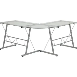 Flash Furniture 84"W Glass L-Shaped Corner Computer Desk With Metal Frame, Silver/Clear