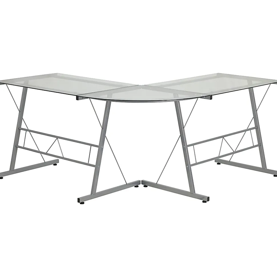 Flash Furniture 84"W Glass L-Shaped Corner Computer Desk With Metal Frame, Silver/Clear