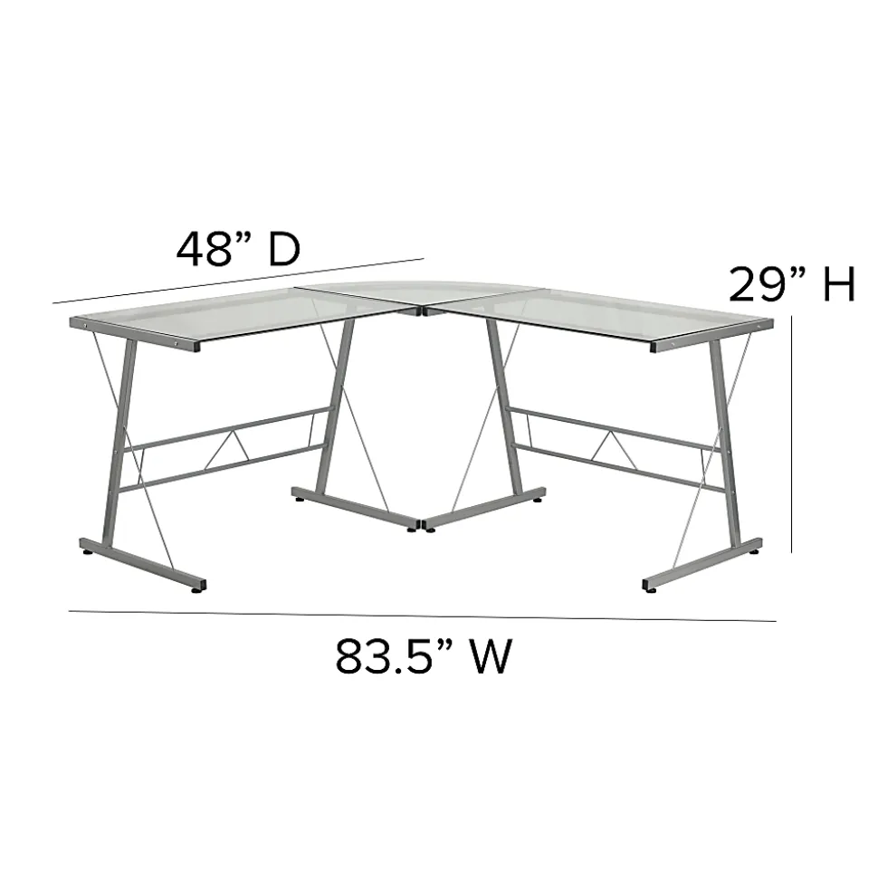 Flash Furniture 84"W Glass L-Shaped Corner Computer Desk With Metal Frame, Silver/Clear