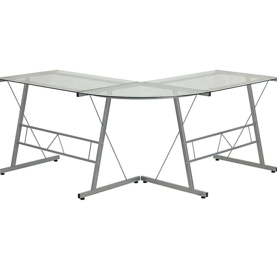 Flash Furniture 84"W Glass L-Shaped Corner Computer Desk With Metal Frame, Silver/Clear
