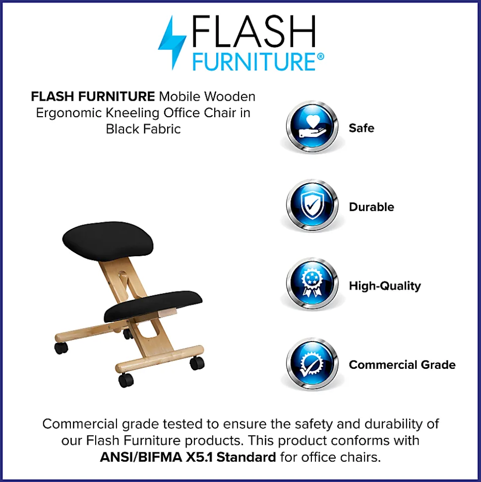 Flash Furniture Wood Mobile Ergonomic Kneeling Chair, Black/Brown