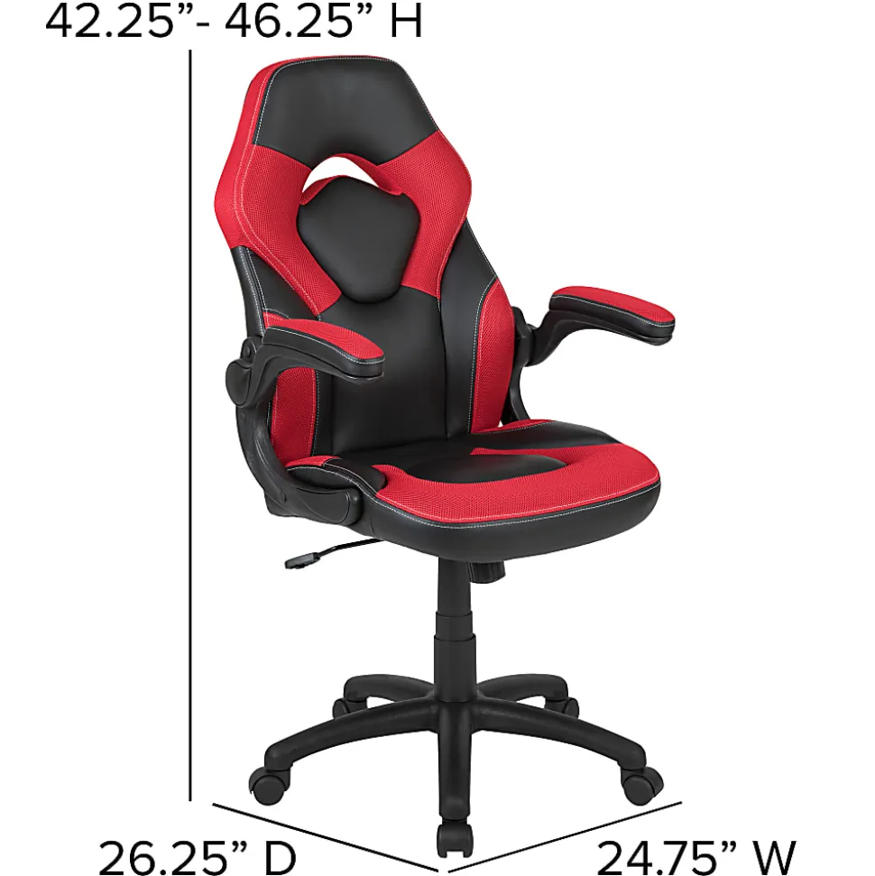 Flash Furniture X10 Ergonomic LeatherSoft™ Faux Leather High-Back Racing Gaming Chair With Flip-Up Arms, Red/Black