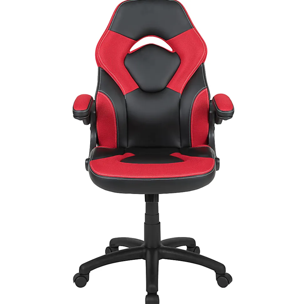 Flash Furniture X10 Ergonomic LeatherSoft™ Faux Leather High-Back Racing Gaming Chair With Flip-Up Arms, Red/Black