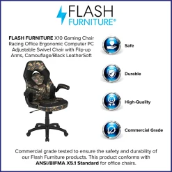 Flash Furniture X10 Ergonomic LeatherSoft™ Faux Leather High-Back Racing Gaming Chair With Flip-Up Arms, Camouflage/Black
