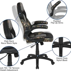 Flash Furniture X10 Ergonomic LeatherSoft™ Faux Leather High-Back Racing Gaming Chair With Flip-Up Arms, Camouflage/Black