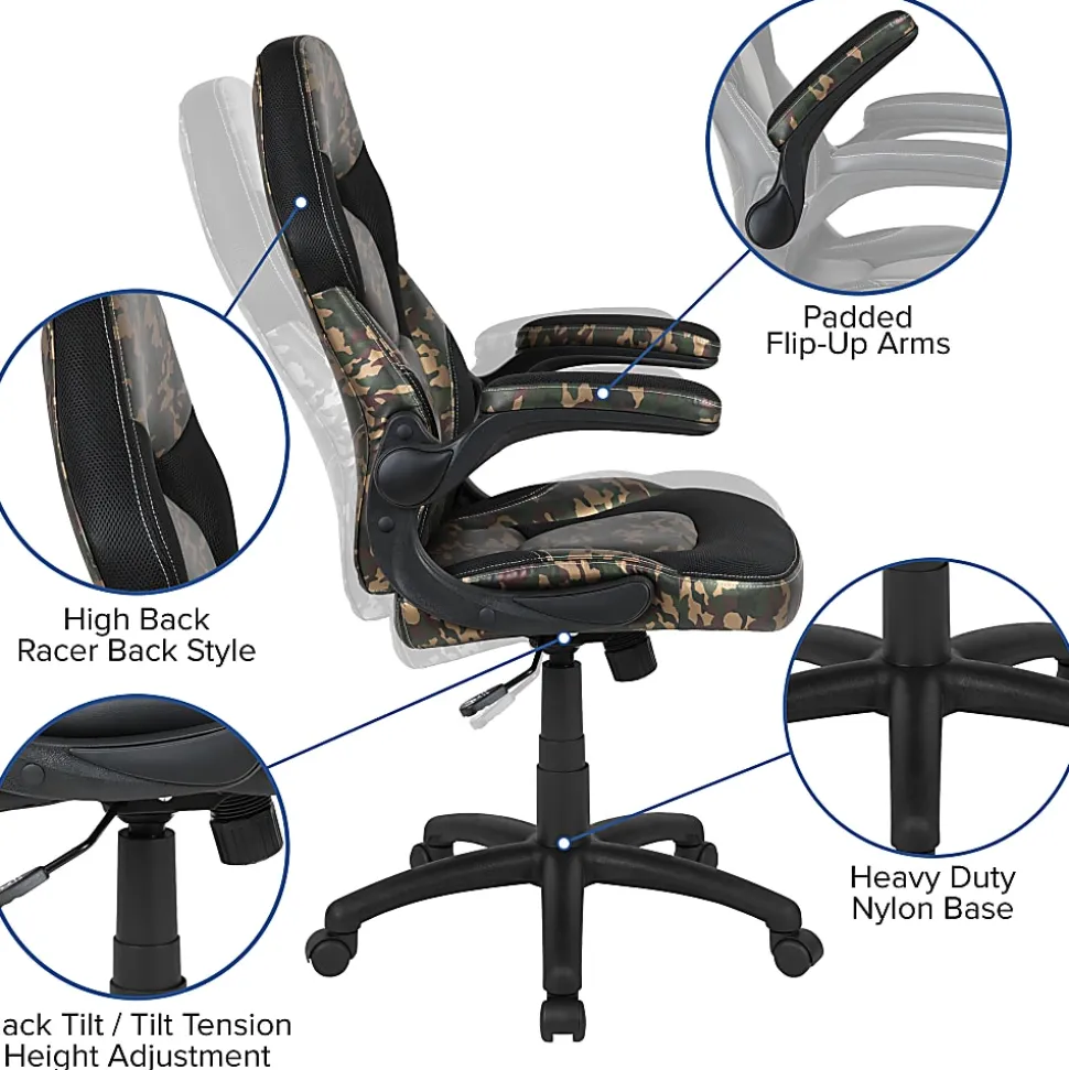 Flash Furniture X10 Ergonomic LeatherSoft™ Faux Leather High-Back Racing Gaming Chair With Flip-Up Arms, Camouflage/Black