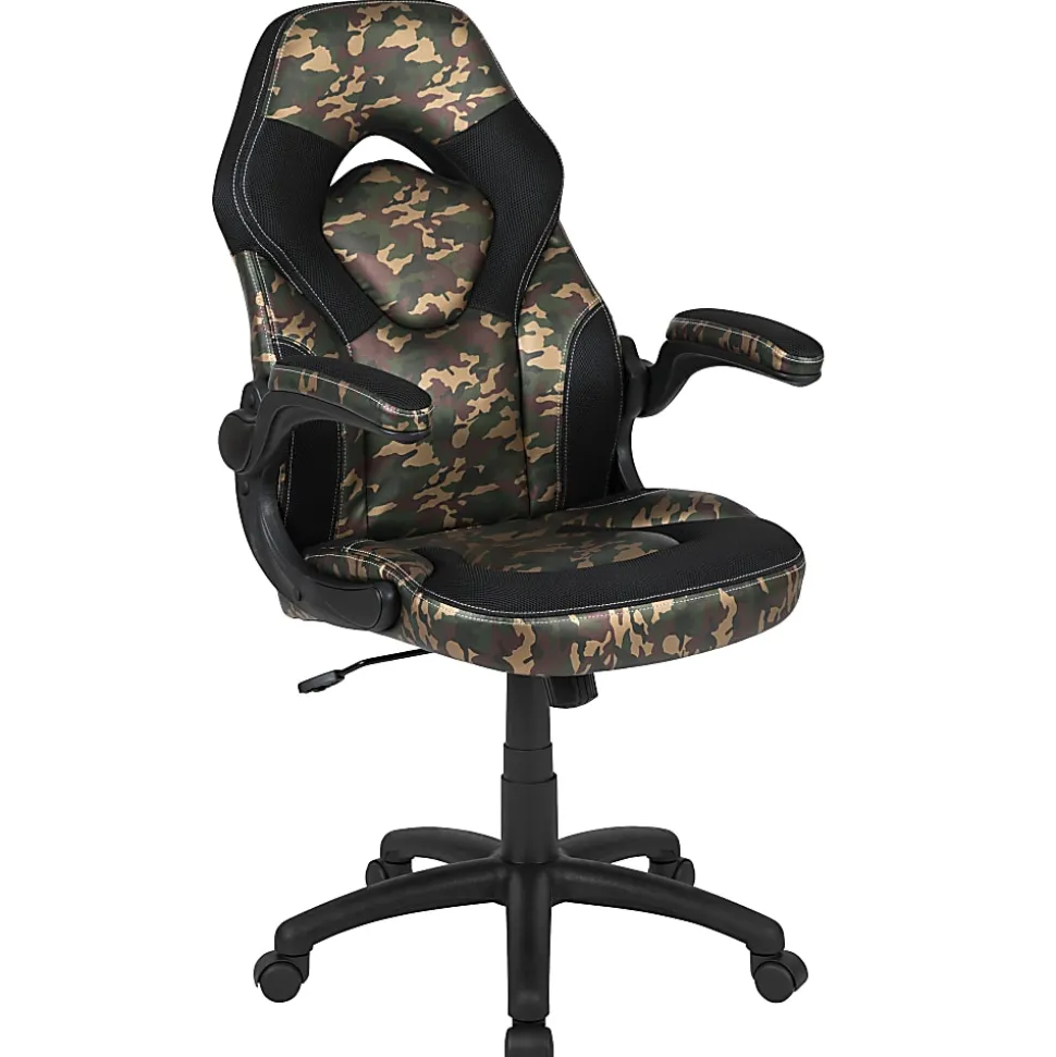 Flash Furniture X10 Ergonomic LeatherSoft™ Faux Leather High-Back Racing Gaming Chair With Flip-Up Arms, Camouflage/Black
