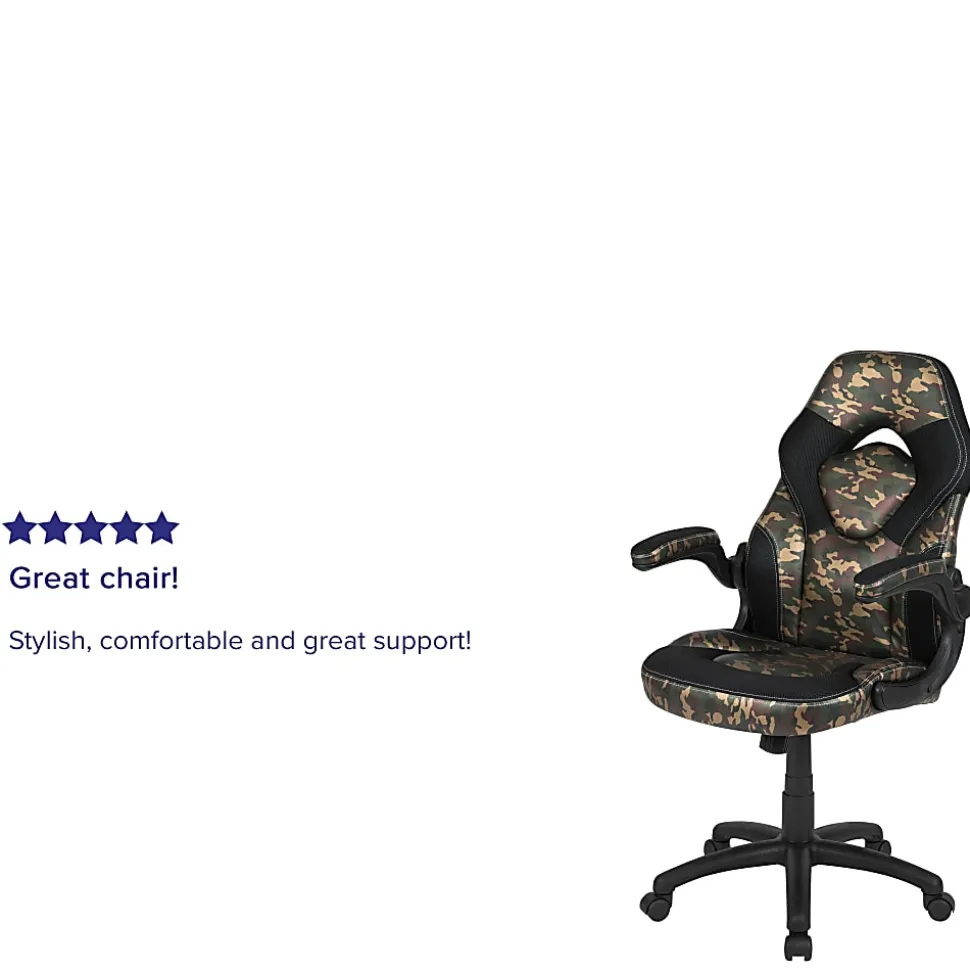 Flash Furniture X10 Ergonomic LeatherSoft™ Faux Leather High-Back Racing Gaming Chair With Flip-Up Arms, Camouflage/Black