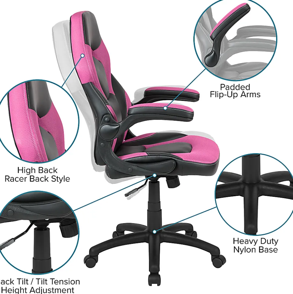 Flash Furniture X10 Ergonomic LeatherSoft™ Faux Leather High-Back Racing Gaming Chair With Flip-Up Arms, Pink/Black