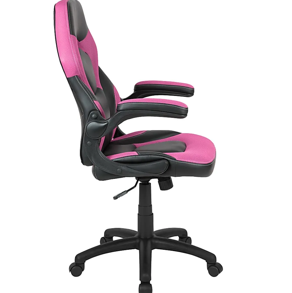 Flash Furniture X10 Ergonomic LeatherSoft™ Faux Leather High-Back Racing Gaming Chair With Flip-Up Arms, Pink/Black
