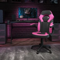 Flash Furniture X10 Ergonomic LeatherSoft™ Faux Leather High-Back Racing Gaming Chair With Flip-Up Arms, Pink/Black