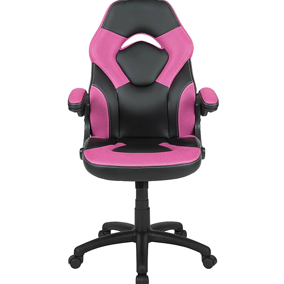 Flash Furniture X10 Ergonomic LeatherSoft™ Faux Leather High-Back Racing Gaming Chair With Flip-Up Arms, Pink/Black