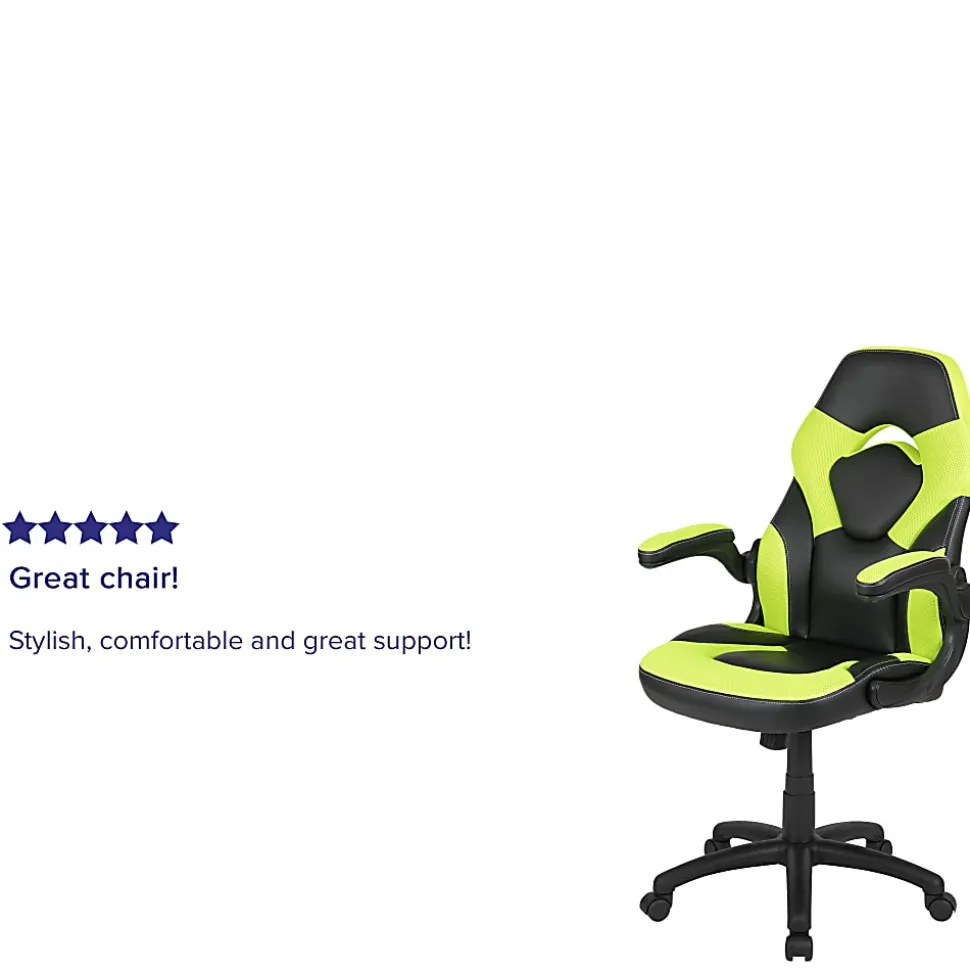 Flash Furniture X10 Ergonomic LeatherSoft™ Faux Leather High-Back Racing Gaming Chair With Flip-Up Arms, Neon Green/Black