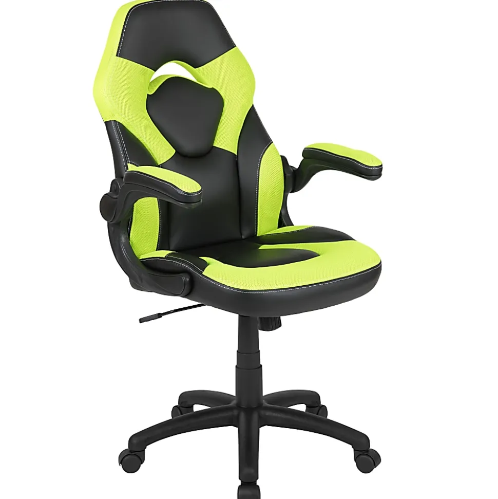 Flash Furniture X10 Ergonomic LeatherSoft™ Faux Leather High-Back Racing Gaming Chair With Flip-Up Arms, Neon Green/Black