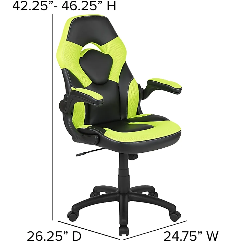 Flash Furniture X10 Ergonomic LeatherSoft™ Faux Leather High-Back Racing Gaming Chair With Flip-Up Arms, Neon Green/Black