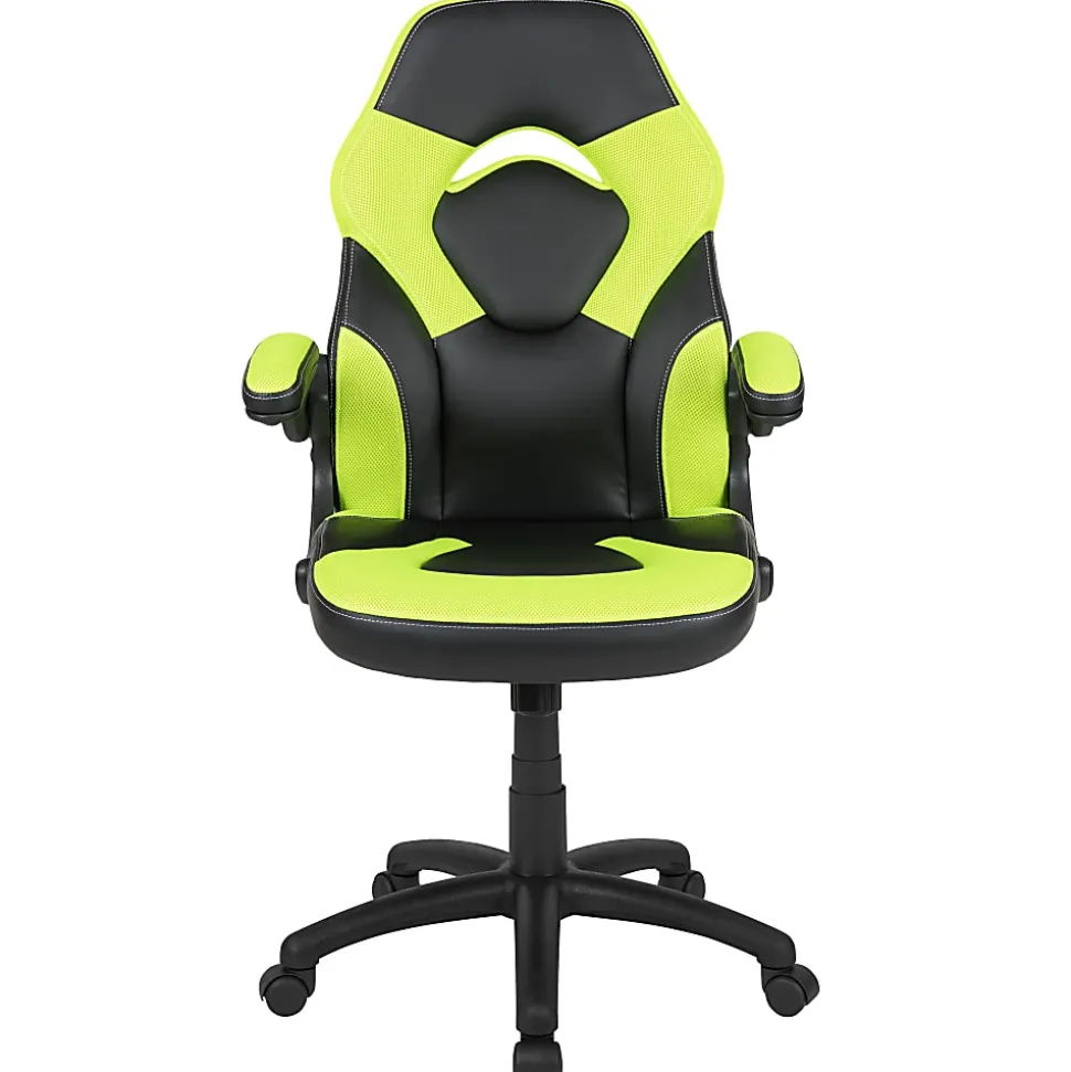 Flash Furniture X10 Ergonomic LeatherSoft™ Faux Leather High-Back Racing Gaming Chair With Flip-Up Arms, Neon Green/Black