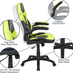 Flash Furniture X10 Ergonomic LeatherSoft™ Faux Leather High-Back Racing Gaming Chair With Flip-Up Arms, Neon Green/Black