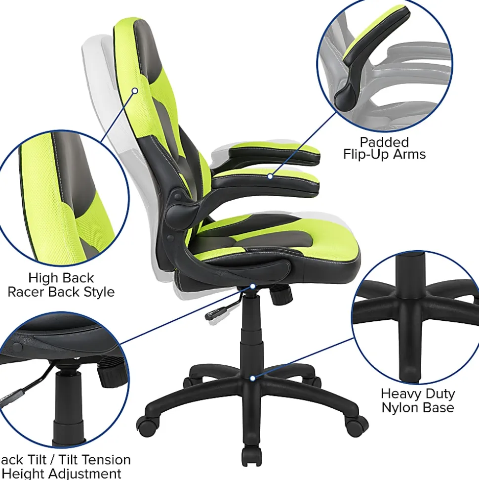 Flash Furniture X10 Ergonomic LeatherSoft™ Faux Leather High-Back Racing Gaming Chair With Flip-Up Arms, Neon Green/Black